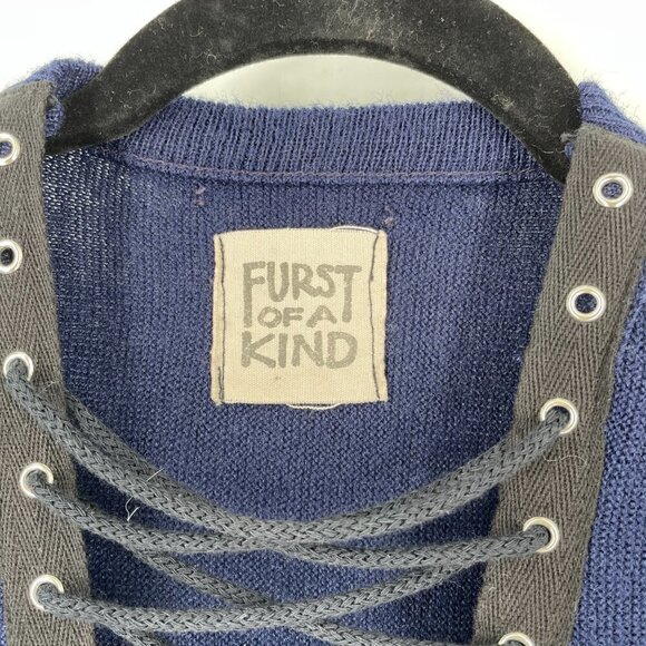 Furst of a Kind Repurposed Vintage 70's Fox Navy Lace Up Vee Pullover Sweater M - Picture 6 of 8